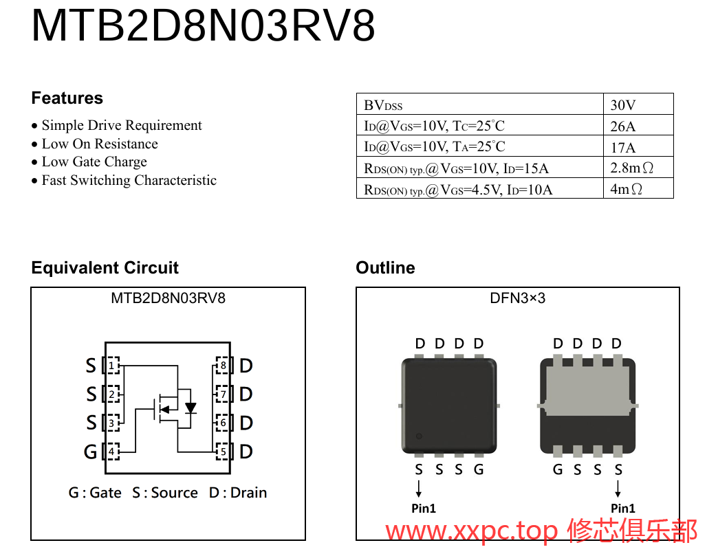 MTB2D8N03RV8 芯片 PDF 手册 30V 26A 2.8mΩ